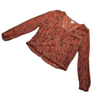 MOSSIMO floral peasant blouse size XXL rust boho crinkle top long sleeve fall